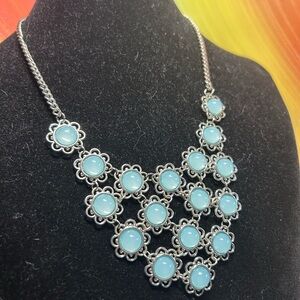 Silver Tone Light Blue Cabochon Floral Bib Necklace Boho Statement Jewelry